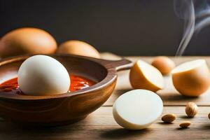 an egg in a bowl with other ingredients. AI-Generated photo