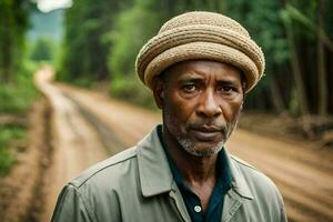 a man in a hat standing on a dirt road. AI-Generated photo