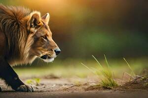 a lion walking on the ground in the sunlight. AI-Generated photo