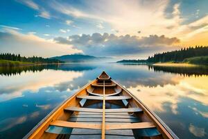 a canoe is floating on a calm lake at sunset. AI-Generated photo