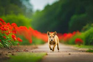 a small dog running down a path surrounded by red flowers. AI-Generated photo