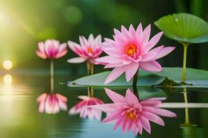 rosado loto flores en el agua con verde hojas. generado por ai foto