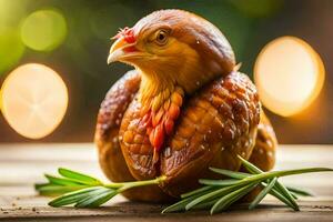 a chicken with a rosemary sprig on top. AI-Generated photo