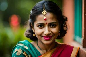 a woman in a sari smiling for the camera. AI-Generated photo