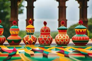 colorful vases lined up on a table. AI-Generated photo