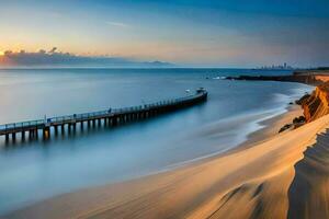 a long exposure photo of a pier and beach at sunset. AI-Generated