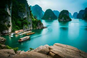 boats in the water near some rocky mountains. AI-Generated photo