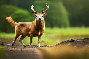 a deer is walking on a dirt road. AI-Generated photo