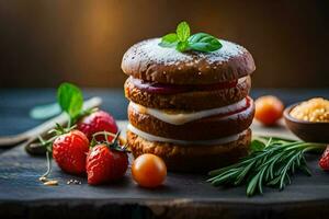 a stack of sandwiches with strawberries and tomatoes. AI-Generated photo