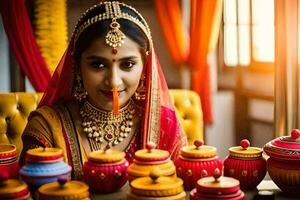 un hermosa indio mujer en tradicional atuendo es participación un vela. generado por ai foto