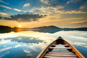 a boat is floating on a calm lake at sunset. AI-Generated photo