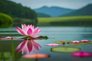 pink lotus flower floating in the water with mountains in the background. AI-Generated photo