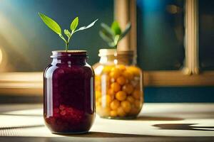 dos frascos con Fruta y un planta en a ellos. generado por ai foto