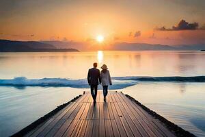 un Pareja caminando en un muelle a puesta de sol. generado por ai foto