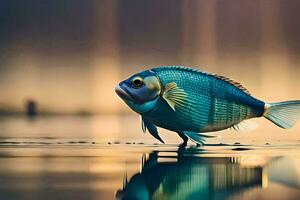 a fish is standing in the water with its reflection. AI-Generated photo