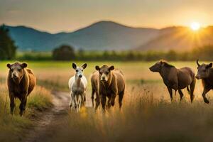 a herd of cattle walking on a dirt road. AI-Generated photo