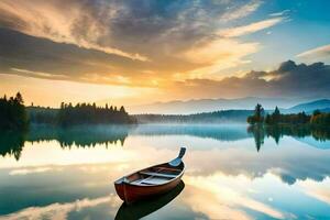 the boat is floating on the calm lake at sunrise. AI-Generated photo