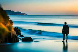 un hombre en pie en el playa a puesta de sol. generado por ai foto