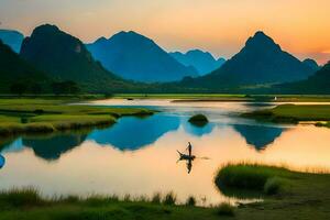 a man in a boat on a river with mountains in the background. AI-Generated photo