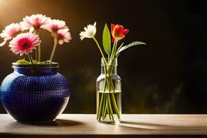 two vases with flowers on a table. AI-Generated photo