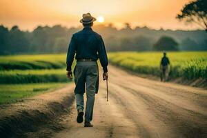 a man walking down a dirt road with a cane. AI-Generated photo