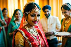 indio novia en tradicional atuendo con su damas de honor generado por ai foto