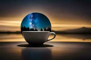 a cup of coffee with a view of the milky way. AI-Generated photo