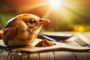 a bird sitting on a cutting board with spices. AI-Generated photo