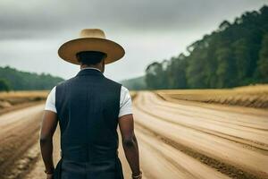 a man in a hat and vest walking on a dirt road. AI-Generated photo