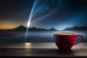 a cup of coffee on a table in front of a mountain view. AI-Generated photo