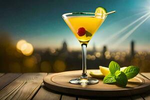 cocktail on a wooden table with city lights in the background. AI-Generated photo