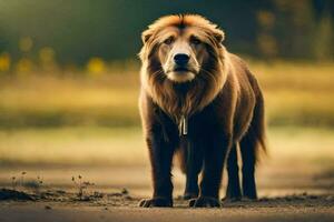 un león en pie en el medio de un campo. generado por ai foto