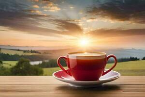 a cup of coffee on a wooden table in front of a beautiful sunset. AI-Generated photo