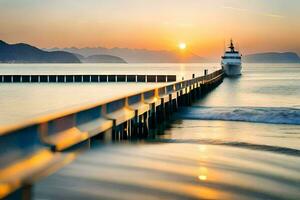 un barco es atracado a el final de un muelle a puesta de sol. generado por ai foto