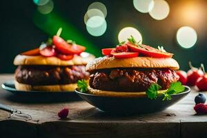 two hamburgers with tomatoes and berries on a wooden table. AI-Generated photo