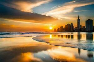 the sun sets over the city skyline in dubai. AI-Generated photo