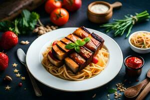 grilled tofu with spaghetti and tomatoes on a dark background. AI-Generated photo