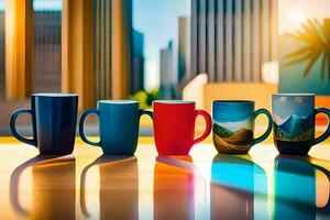 five colorful coffee mugs lined up on a table. AI-Generated photo