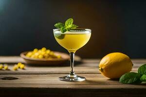 a cocktail with lemon and mint on a wooden table. AI-Generated photo