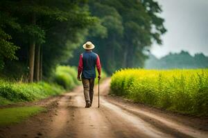 un hombre caminando abajo un suciedad la carretera con caña. generado por ai foto