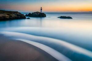 a lighthouse stands on the shore of a beach at sunset. AI-Generated photo