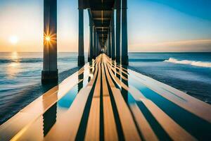 el Dom es ajuste terminado el Oceano y el muelle. generado por ai foto