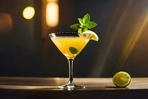 cocktail with mint and lemon on a wooden table. AI-Generated photo