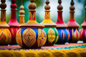 colorful vases are lined up on a table. AI-Generated photo