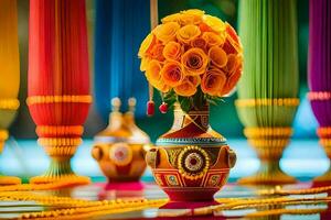 a colorful vase with flowers and beads on a table. AI-Generated photo