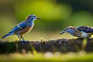 dos aves son en pie en un rama. generado por ai foto