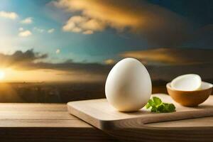 the egg is on a wooden board with a bowl of water and a spoon. AI-Generated photo