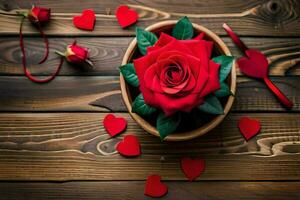red rose in a bowl on a wooden table. AI-Generated photo