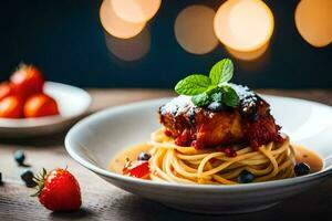 a plate of spaghetti with meat and berries. AI-Generated photo