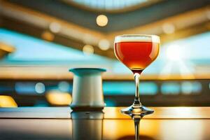 a glass of red wine sitting on a table. AI-Generated photo